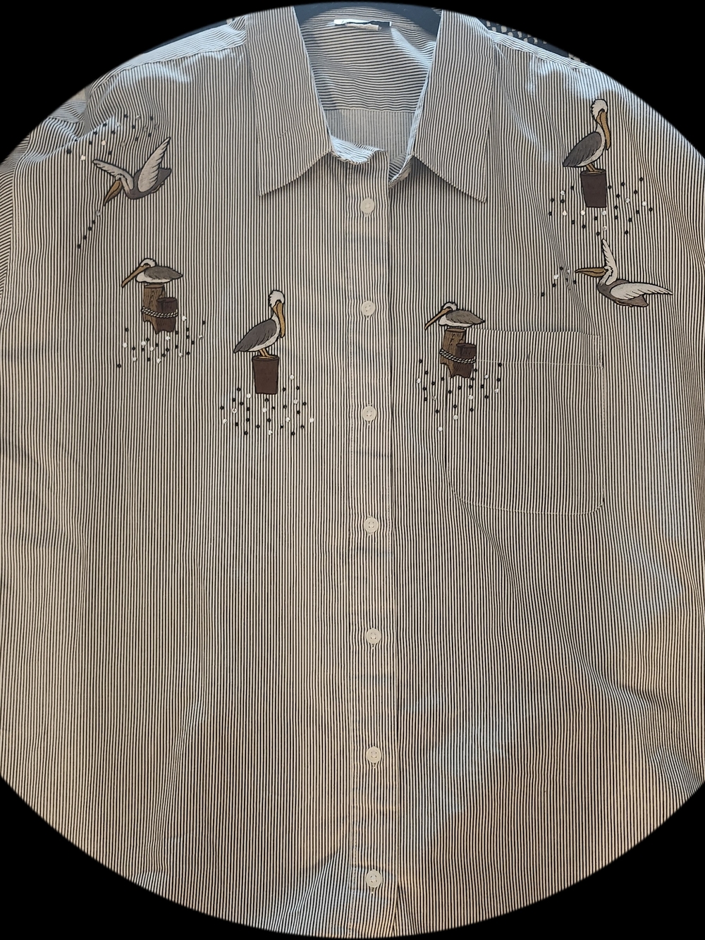 Plus Size Coastal Striped Button-Down Shirt with Pelican Embroidery - White/Blue